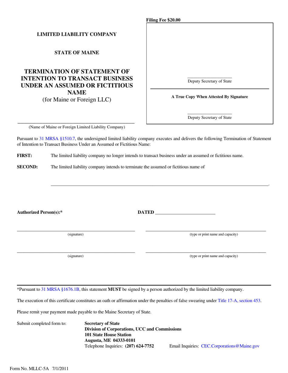 Form MLLC-5A Termination of Statement of Intention to Transact Business Under an Assumed or Fictitious Name (For Maine or Foreign LLC) - Maine, Page 1