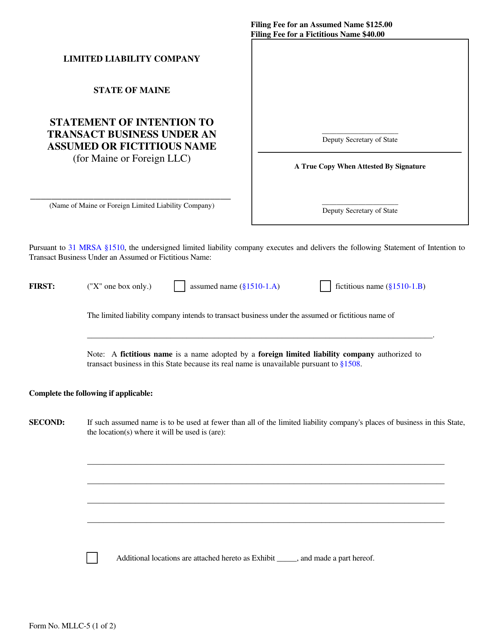 Form MLLC-5 Statement of Intention to Transact Business Under an Assumed or Fictitious Name (For Maine or Foreign LLC) - Maine