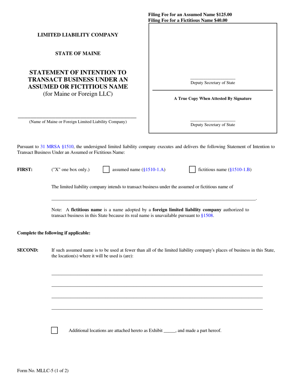 Form MLLC-5 Statement of Intention to Transact Business Under an Assumed or Fictitious Name (For Maine or Foreign LLC) - Maine, Page 1