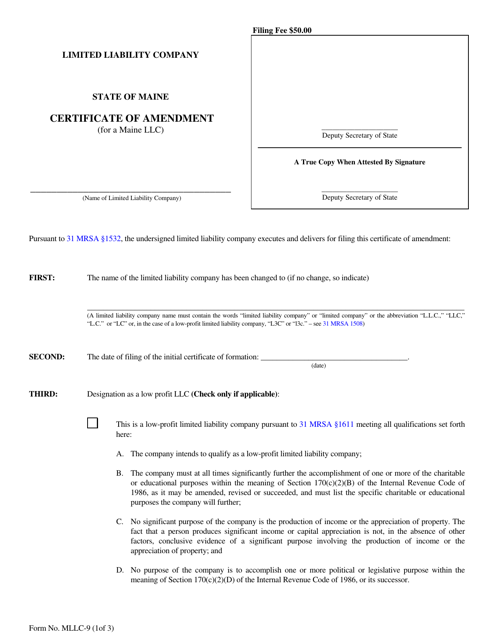 Form MLLC-9 Certificate of Amendment (For a Maine LLC) - Maine