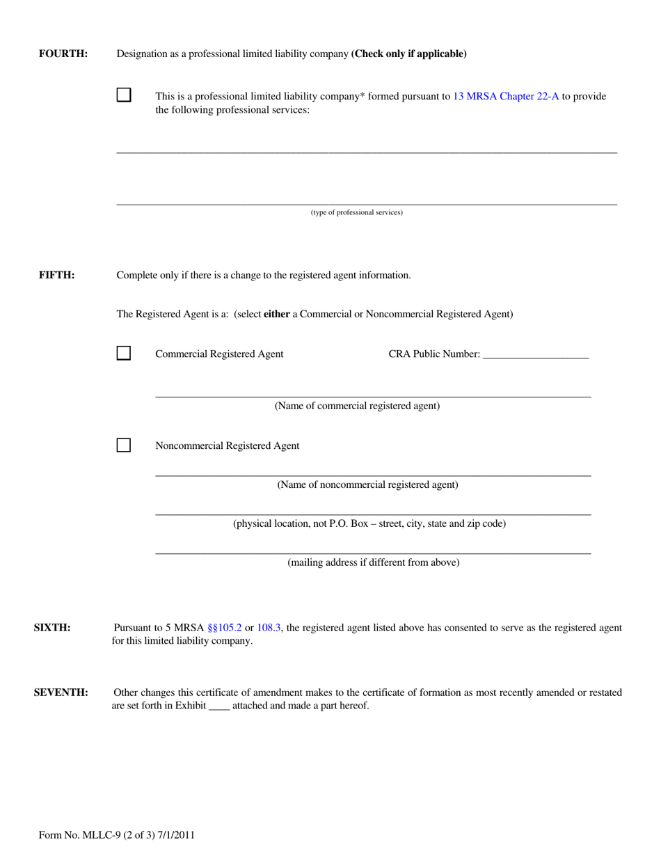 Form MLLC 9 Download Fillable PDF Or Fill Online Certificate Of Amendment For A Maine LLC