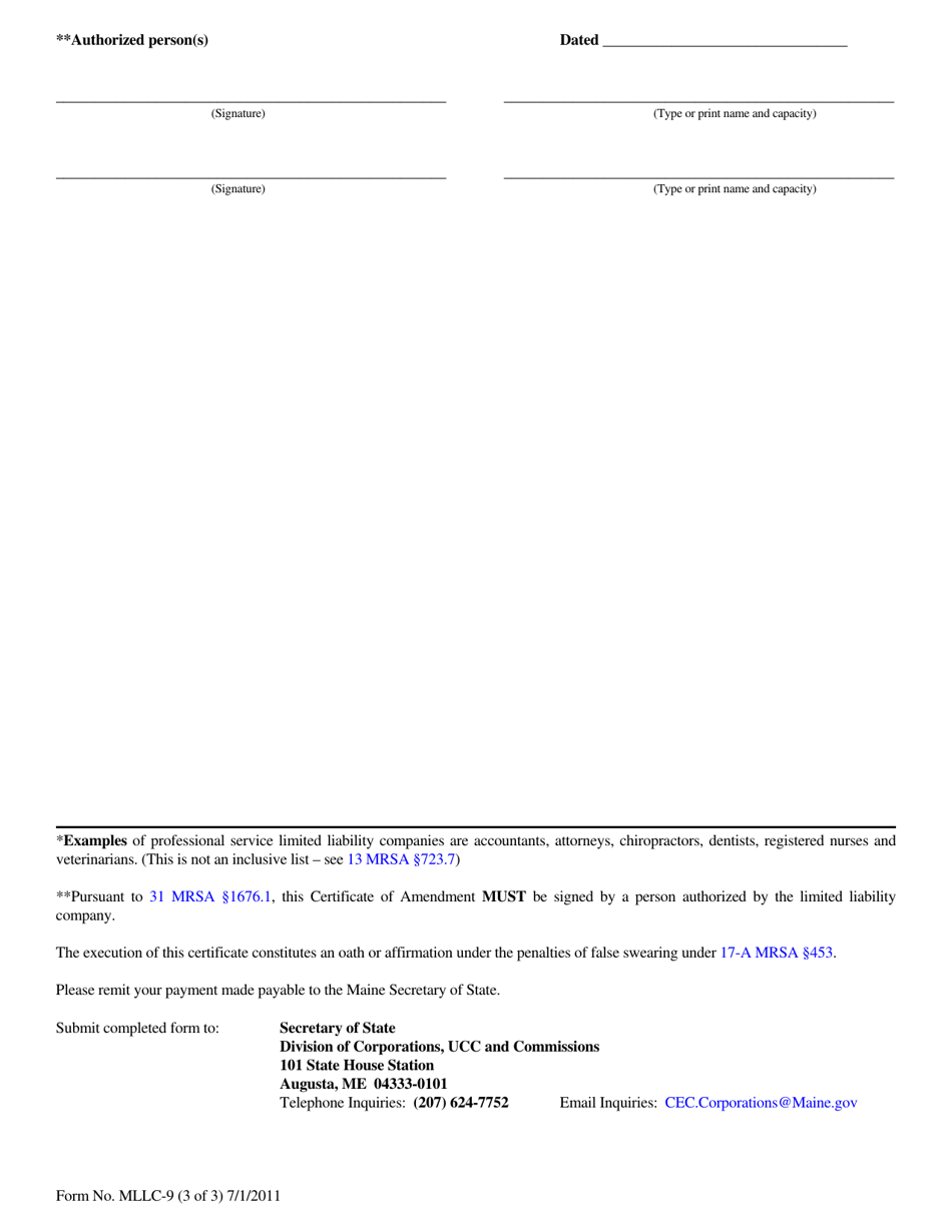 Form MLLC-9 Certificate of Amendment (For a Maine LLC) - Maine, Page 3