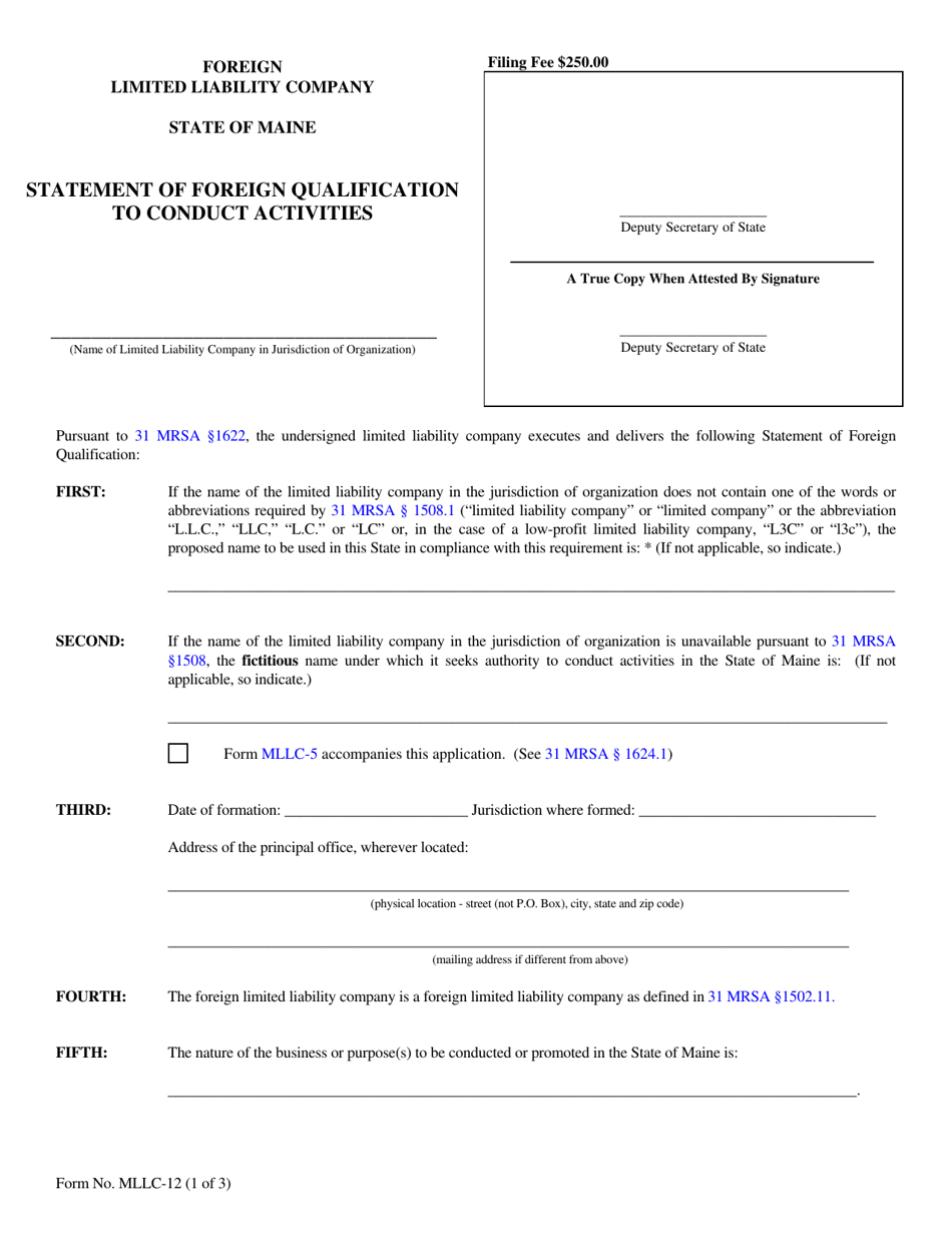 Form MLLC-12 Statement of Foreign Qualification to Conduct Activities - Maine, Page 1