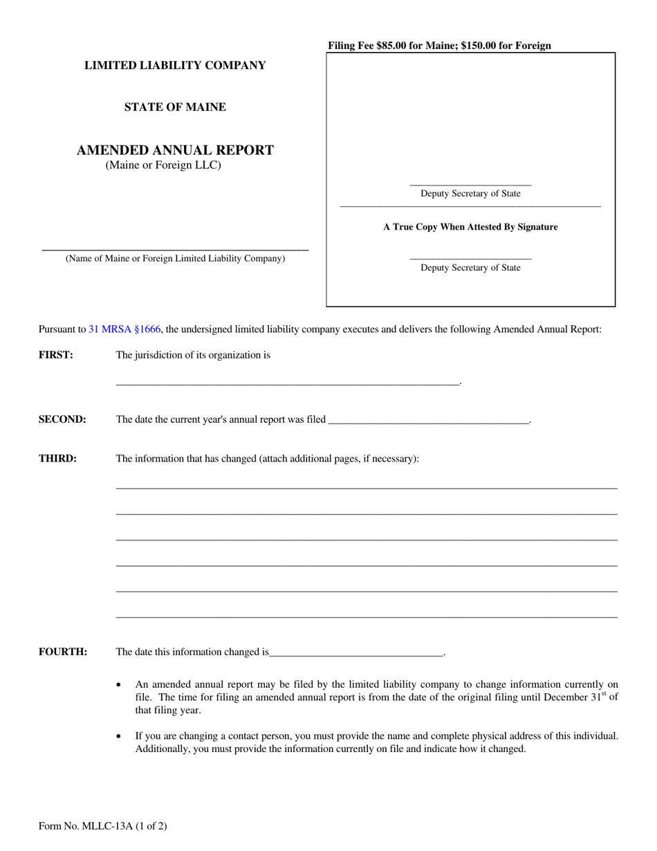 Form MLLC-13A Amended Annual Report (Maine or Foreign LLC) - Maine, Page 1