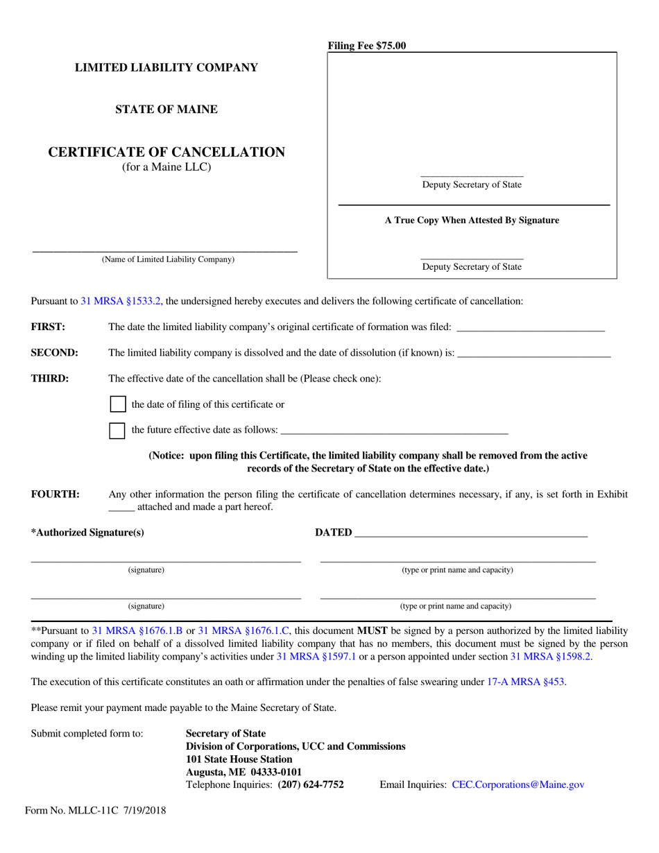 Form MLLC-11C Certificate of Cancellation (For a Maine LLC) - Maine, Page 1