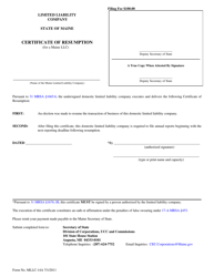 Form MLLC-14A Certificate of Resumption (For a Maine LLC) - Maine