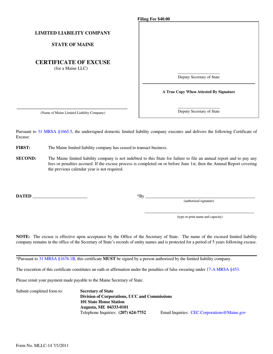 Form MLLC-14 Certificate of Excuse (For a Maine LLC) - Maine, Page 1