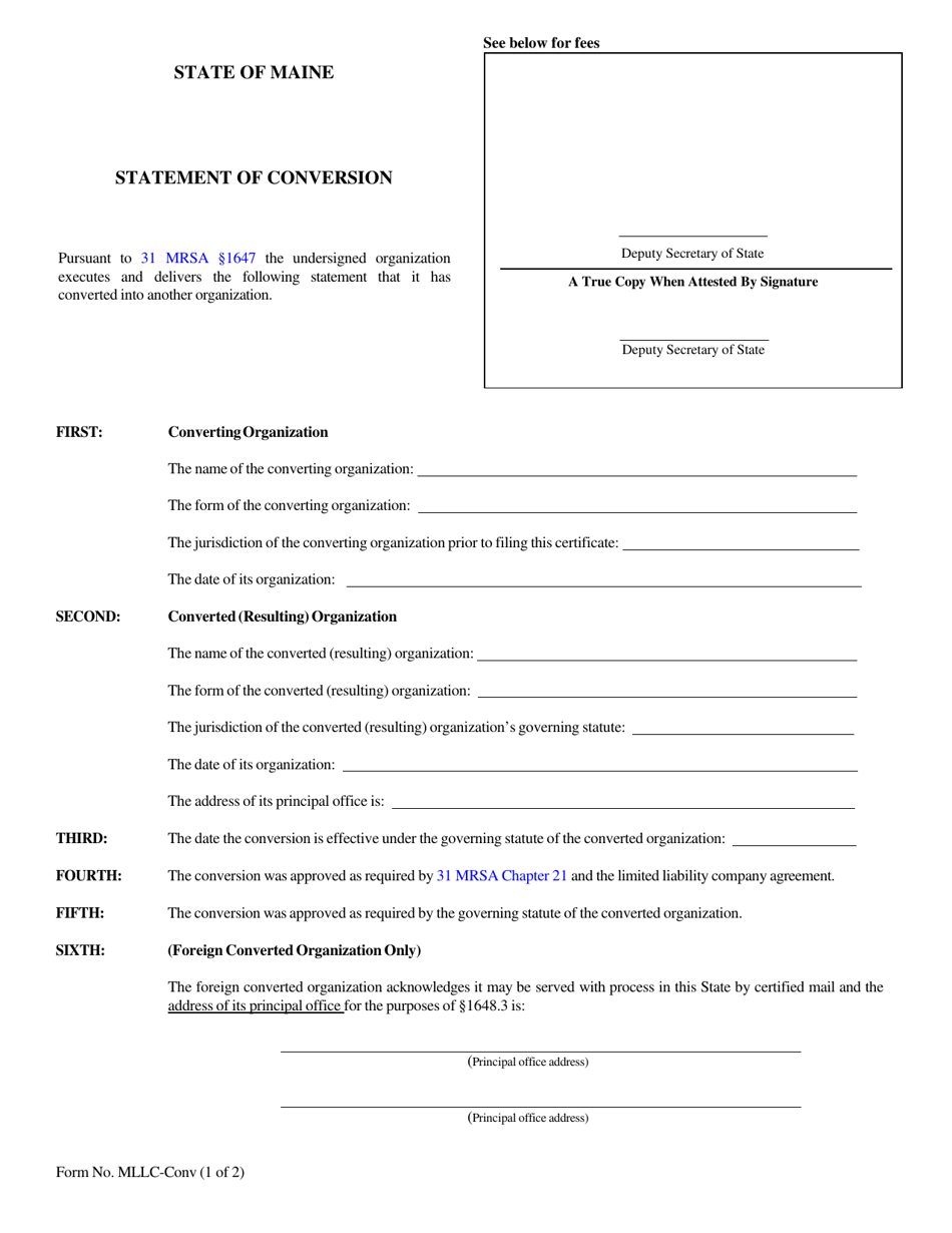 Form MLLC-CONV Statement of Conversion - Maine, Page 1