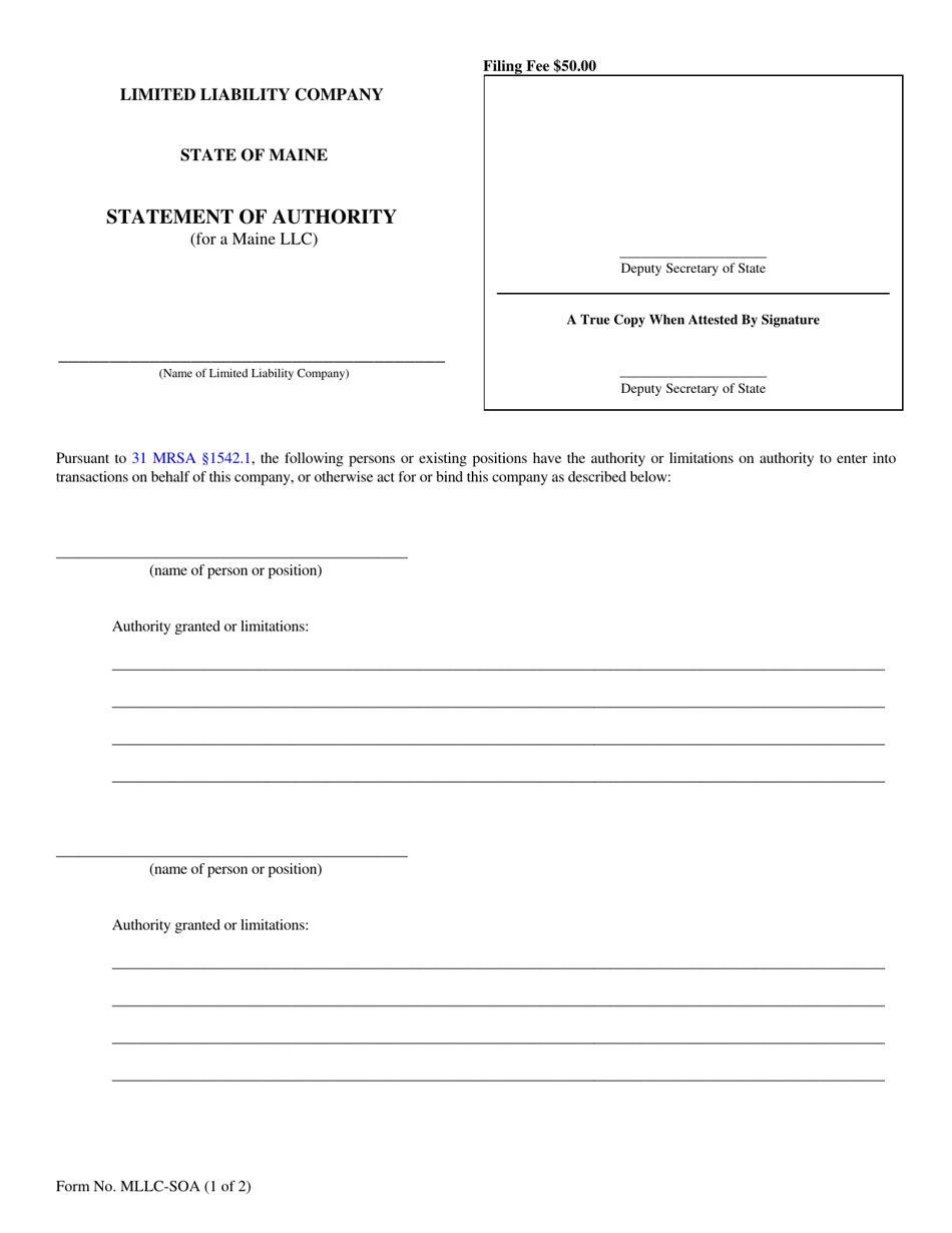 Form MLLC-SOA Statement of Authority (For a Maine LLC) - Maine, Page 1