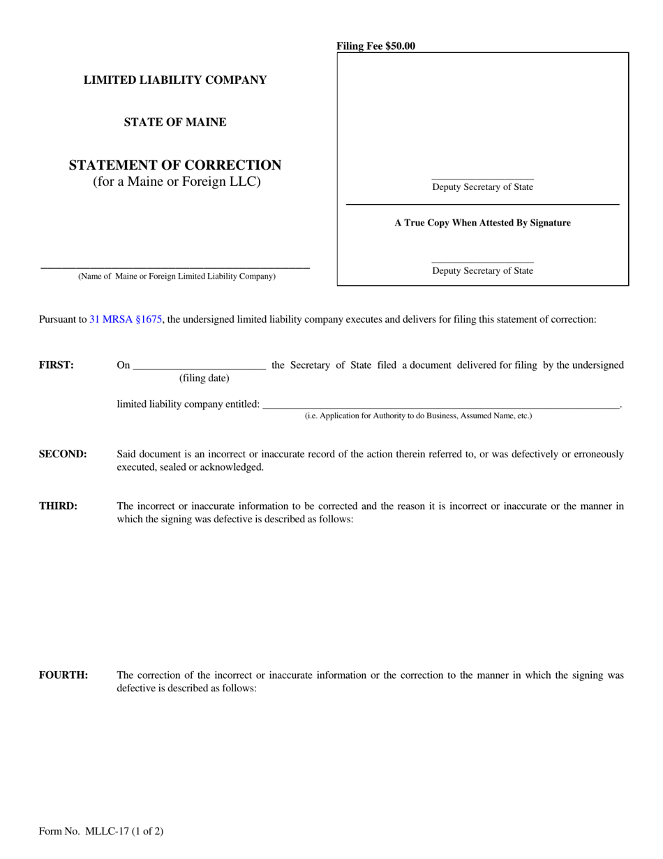 Form MLLC-17 Statement of Correction (For a Maine or Foreign LLC) - Maine, Page 1