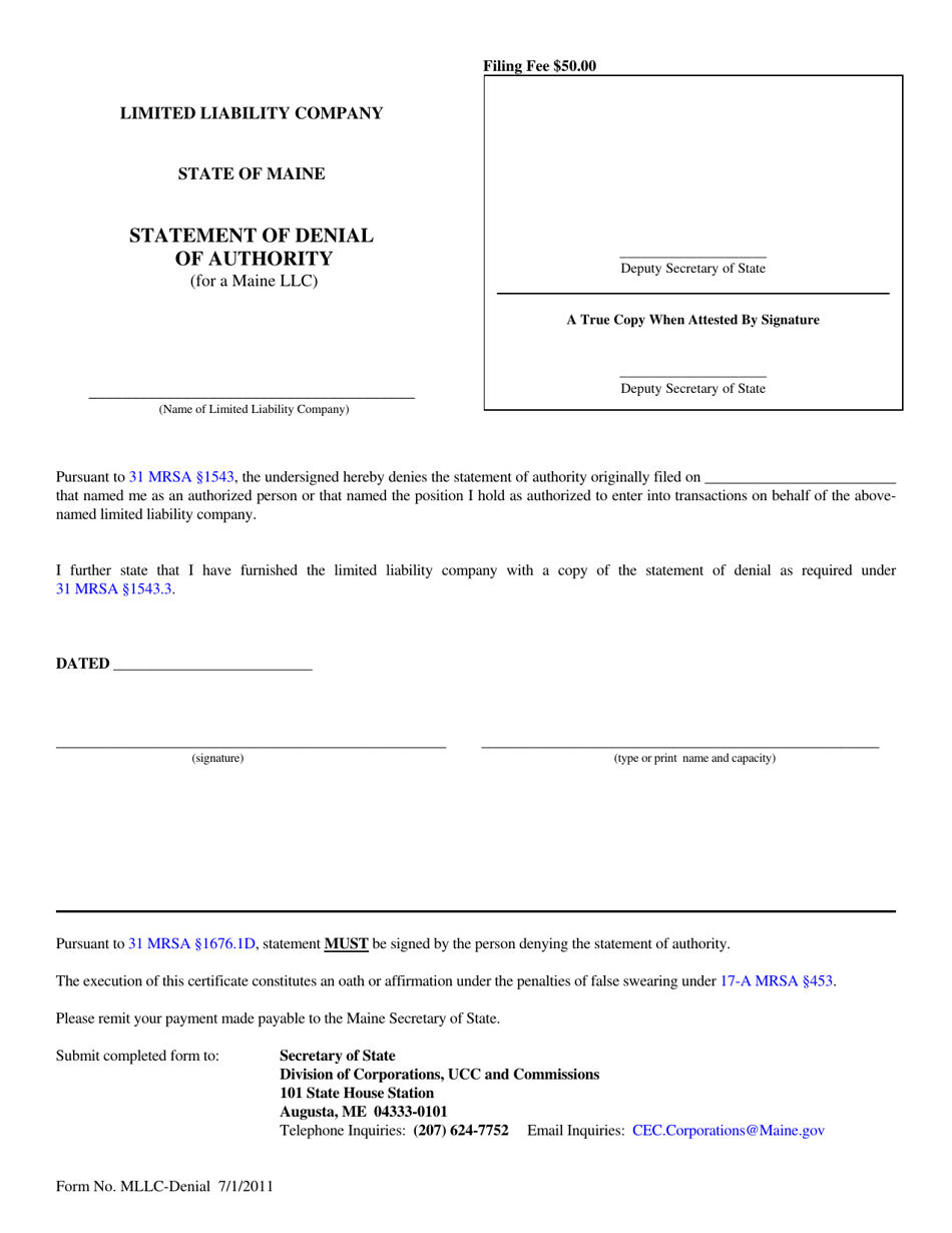 Form MLLC-DENIAL Statement of Denial of Authority (For a Maine LLC) - Maine, Page 1
