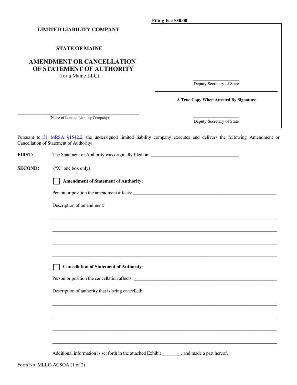 Form MLLC-ACSOA Amendment or Cancellation of Statement of Authority (For a Maine LLC) - Maine, Page 1