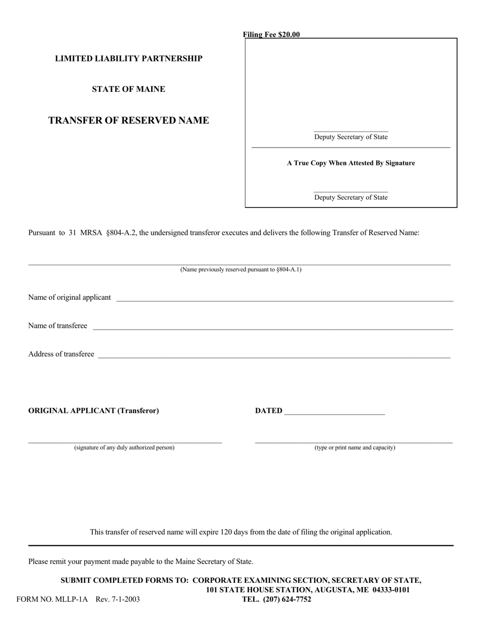 Form MLLP-1A Transfer of Reserved Name - Maine, Page 1