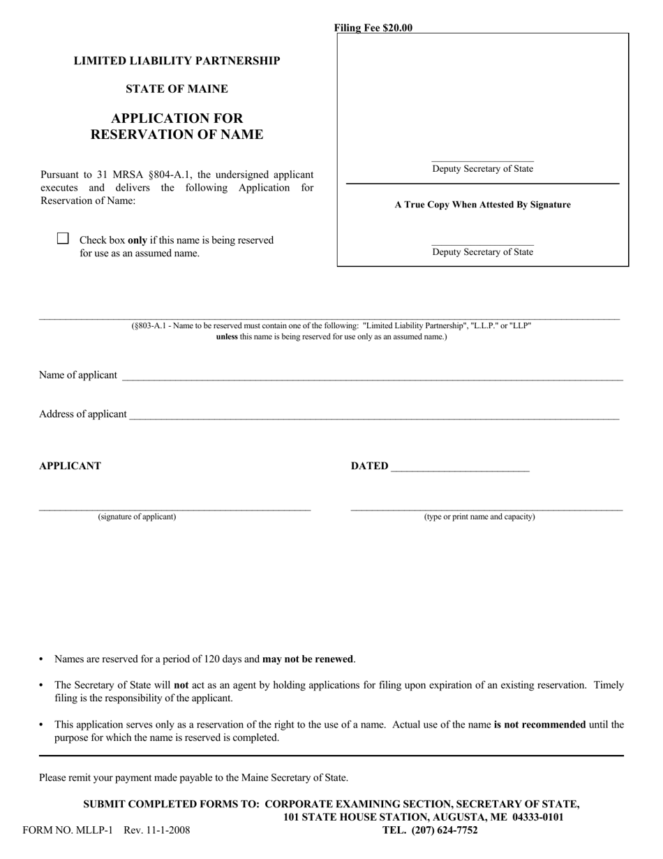 Form MLLP-1 Application for Reservation of Name - Maine, Page 1
