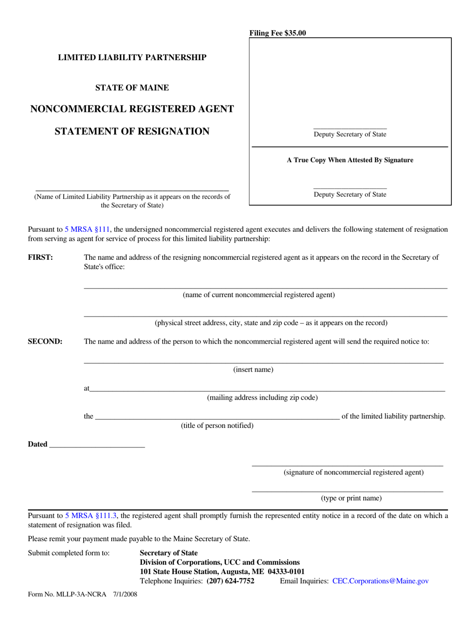 Form MLLP-3A-NCRA Statement of Resignation of Noncommercial Agent - Maine, Page 1