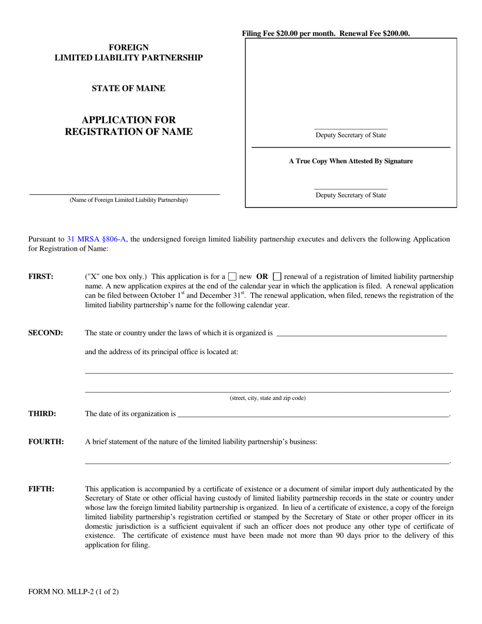 Form MLLP-2 Application for Registration of Name - Maine, Page 1