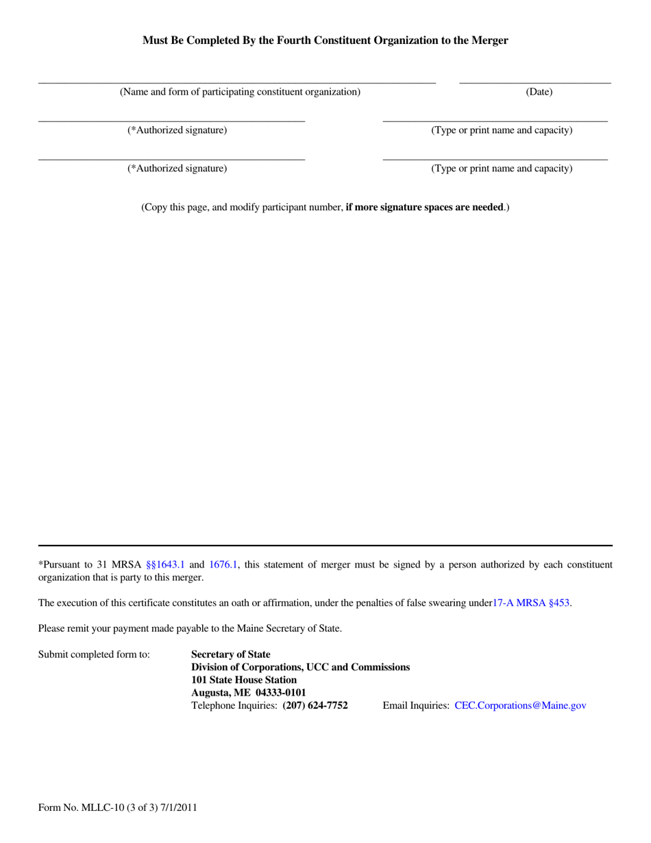Form MLLC-10 Statement of Merger (Relating to a LLC) - Maine, Page 3