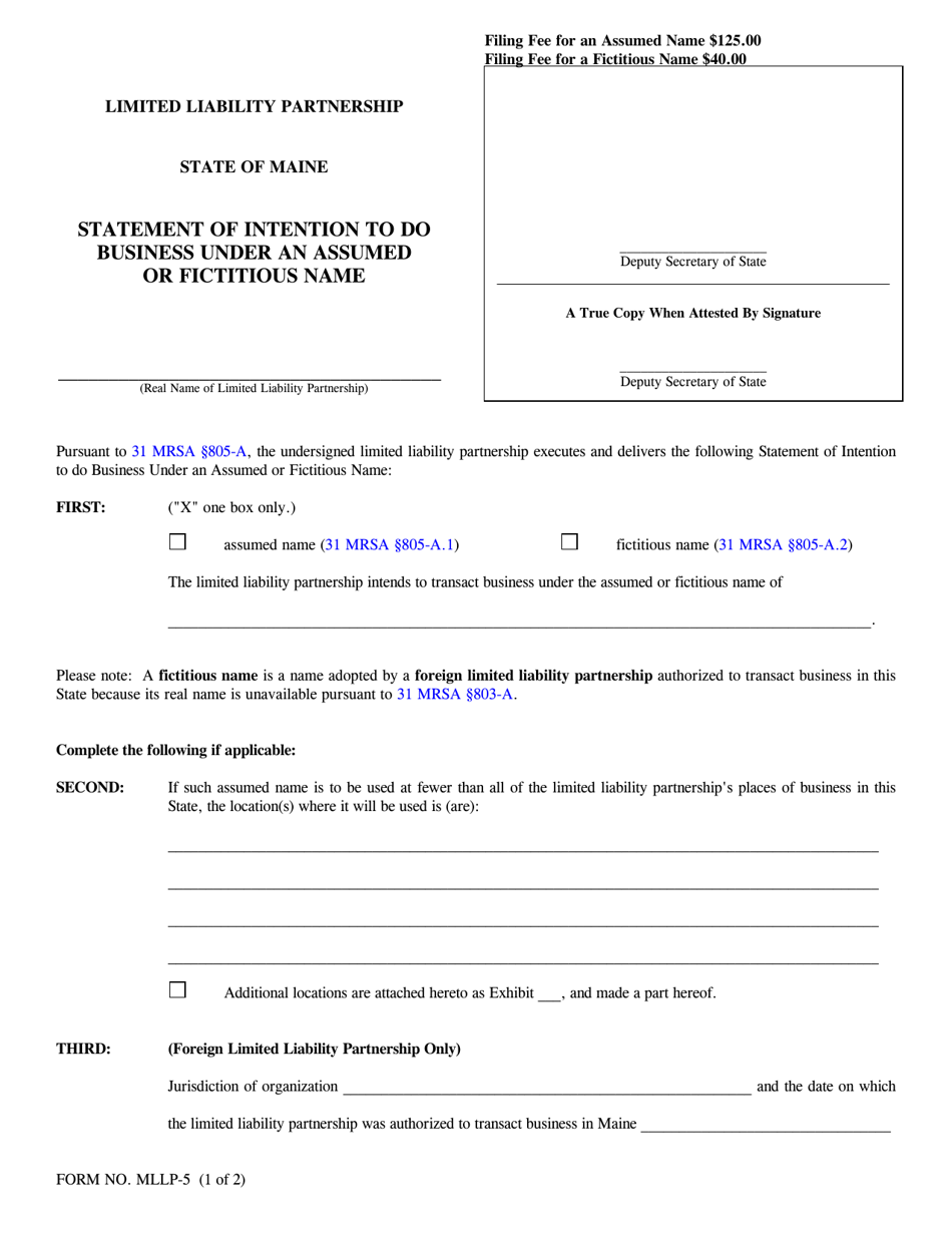 Form MLLP-5 Statement of Intention to Do Business Under an Assumed or Fictitious Name - Maine, Page 1