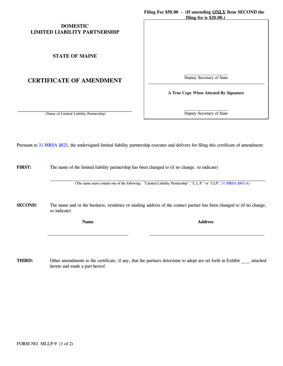 Form MLLP-9 Certificate of Amendment - Maine, Page 1