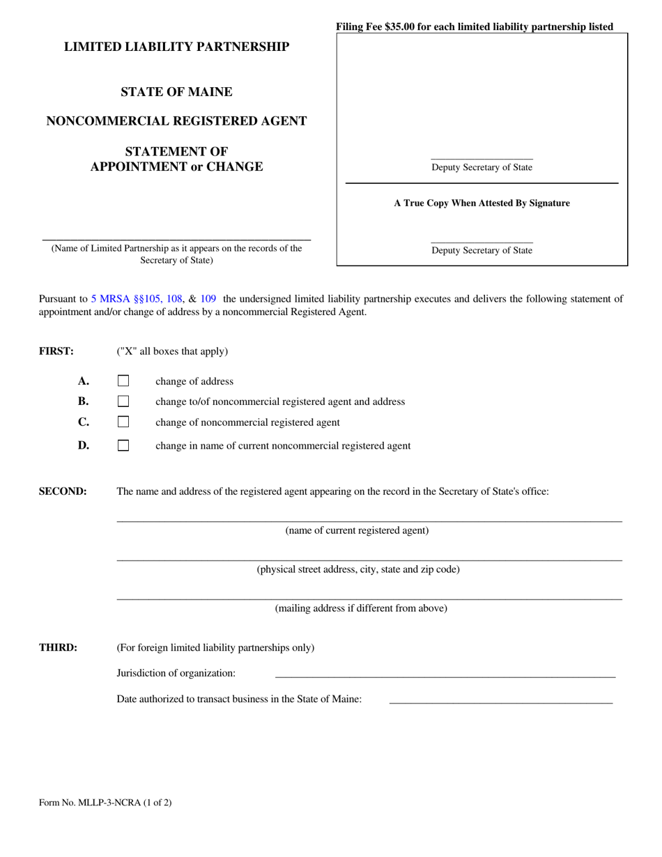 Form MLLP-3-NCRA Statement of Appointment or Change of Noncommercial Registered Agent - Maine, Page 1