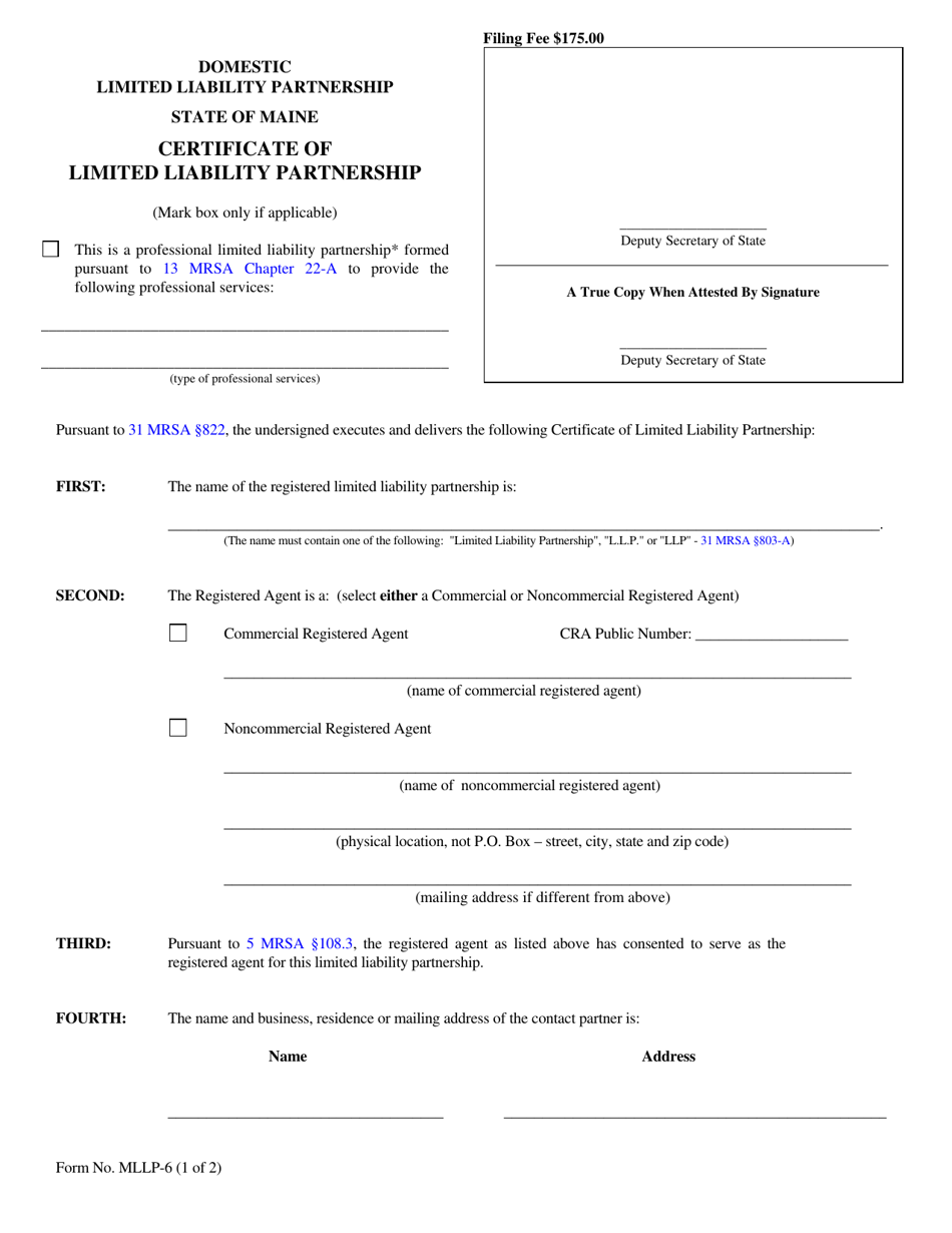 Form MLLP-6 Certificate of Limited Liability Partnership - Maine, Page 1