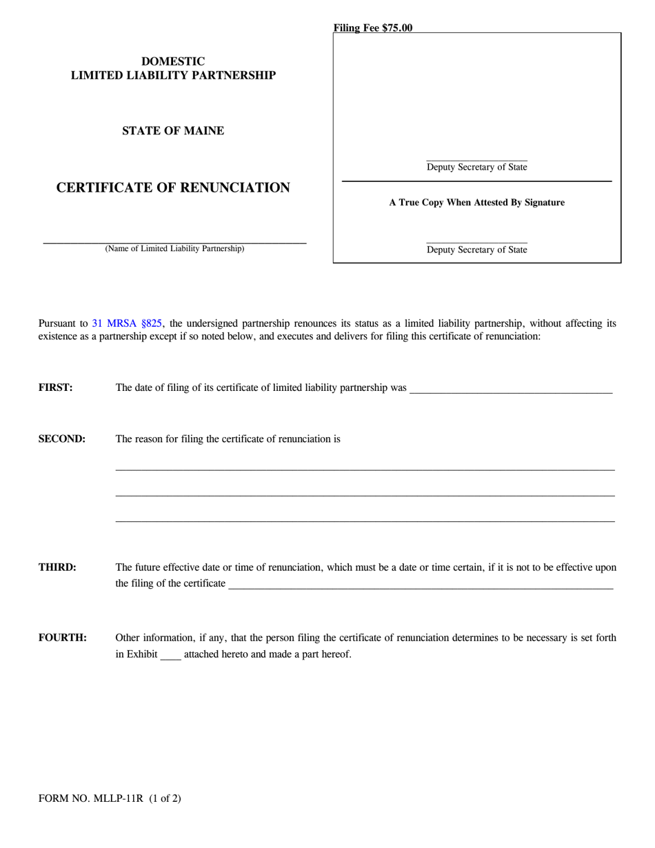 Form MLLP-11R Certificate of Renunciation - Maine, Page 1