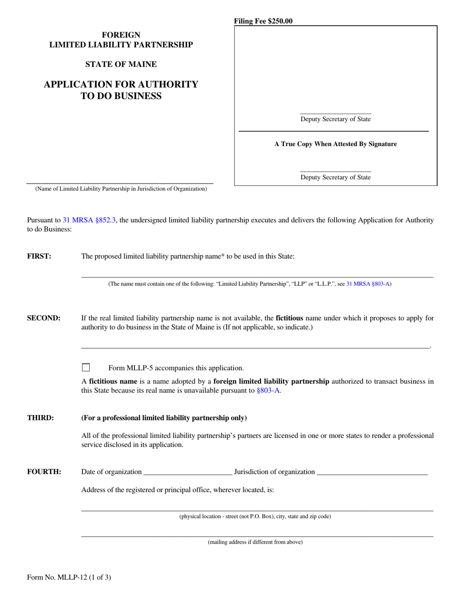 Form MLLP-12 Application for Authority to Do Business - Maine, Page 1