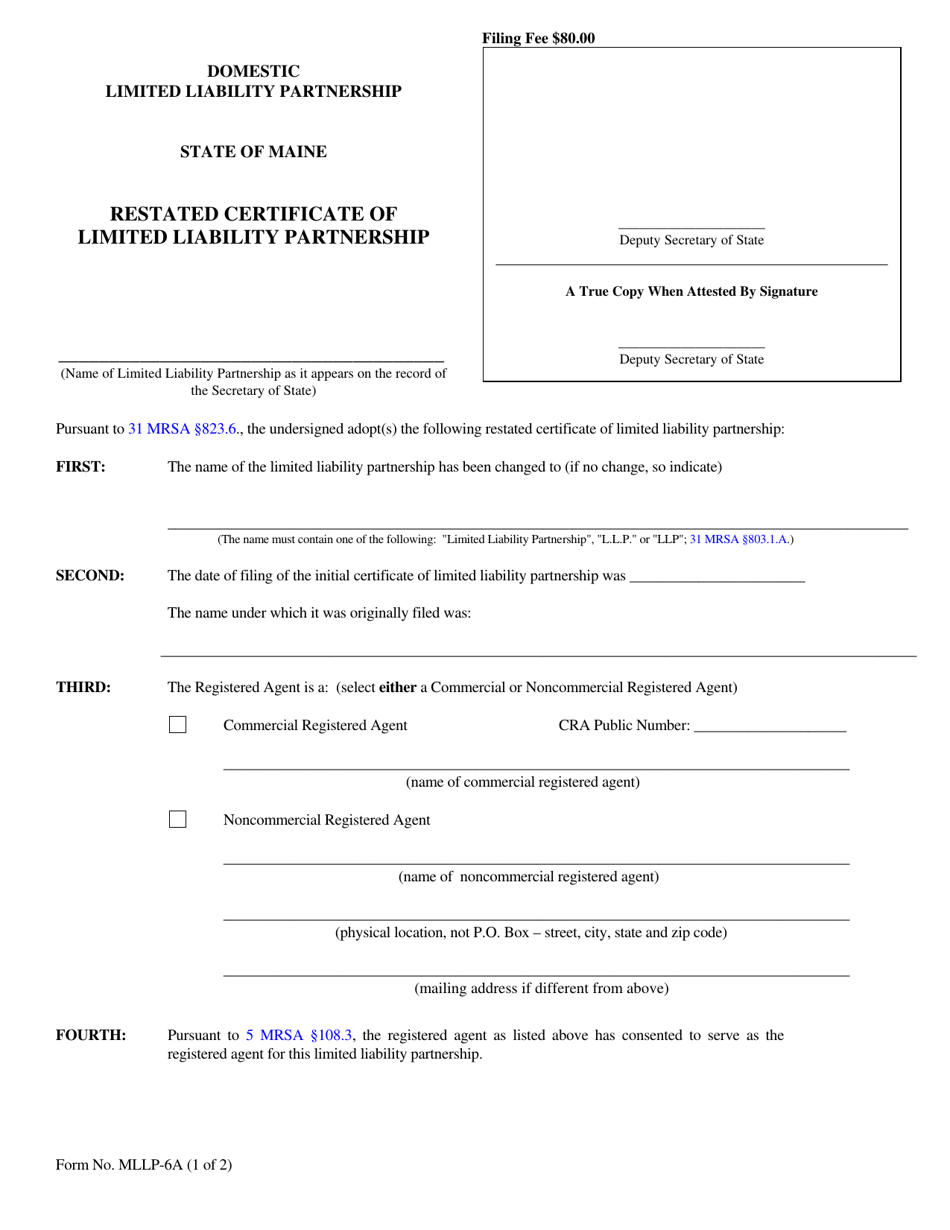 Form MLLP-6A Restated Certificate of Limited Liability Partnership - Maine, Page 1