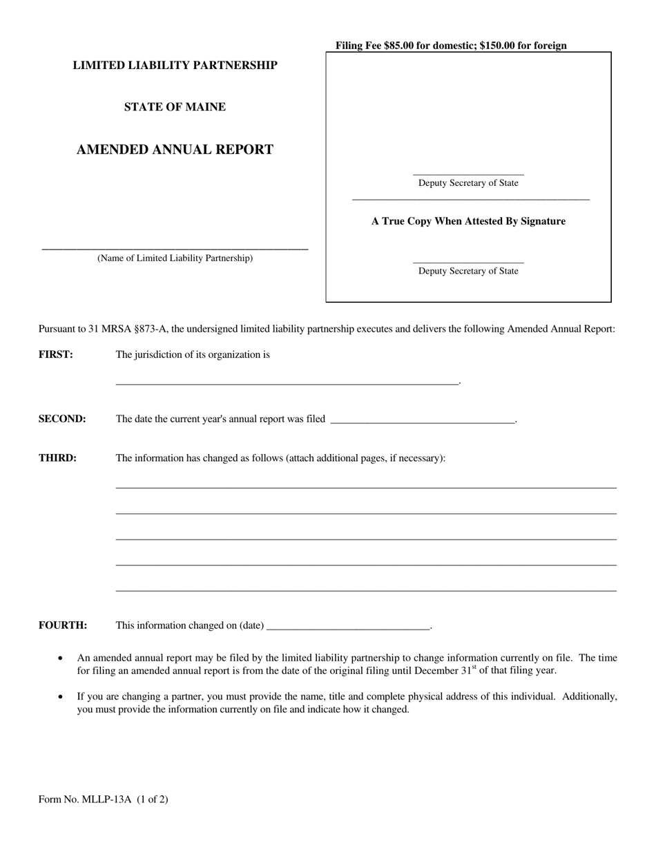 Form Mllp 13a Download Fillable Pdf Or Fill Online Amended Annual Report Maine 2012 — 2024 4211