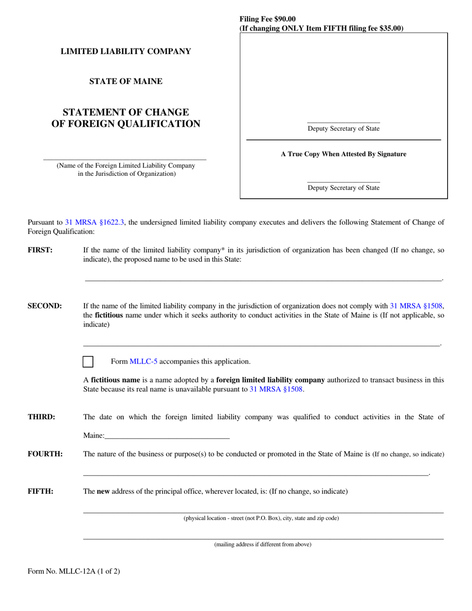 Form MLLC-12A Statement of Change of Foreign Qualification - Maine, Page 1