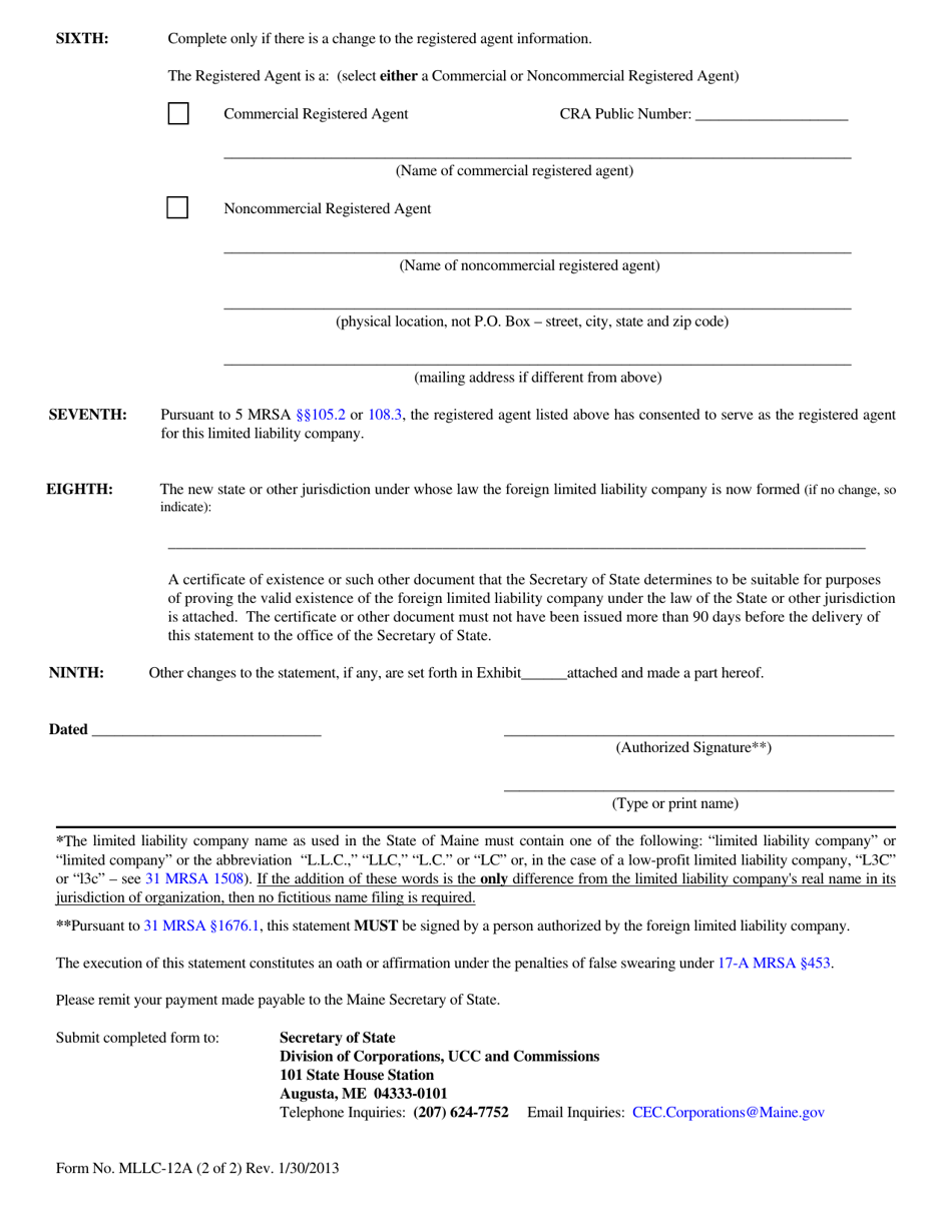 Form MLLC-12A Statement of Change of Foreign Qualification - Maine, Page 2
