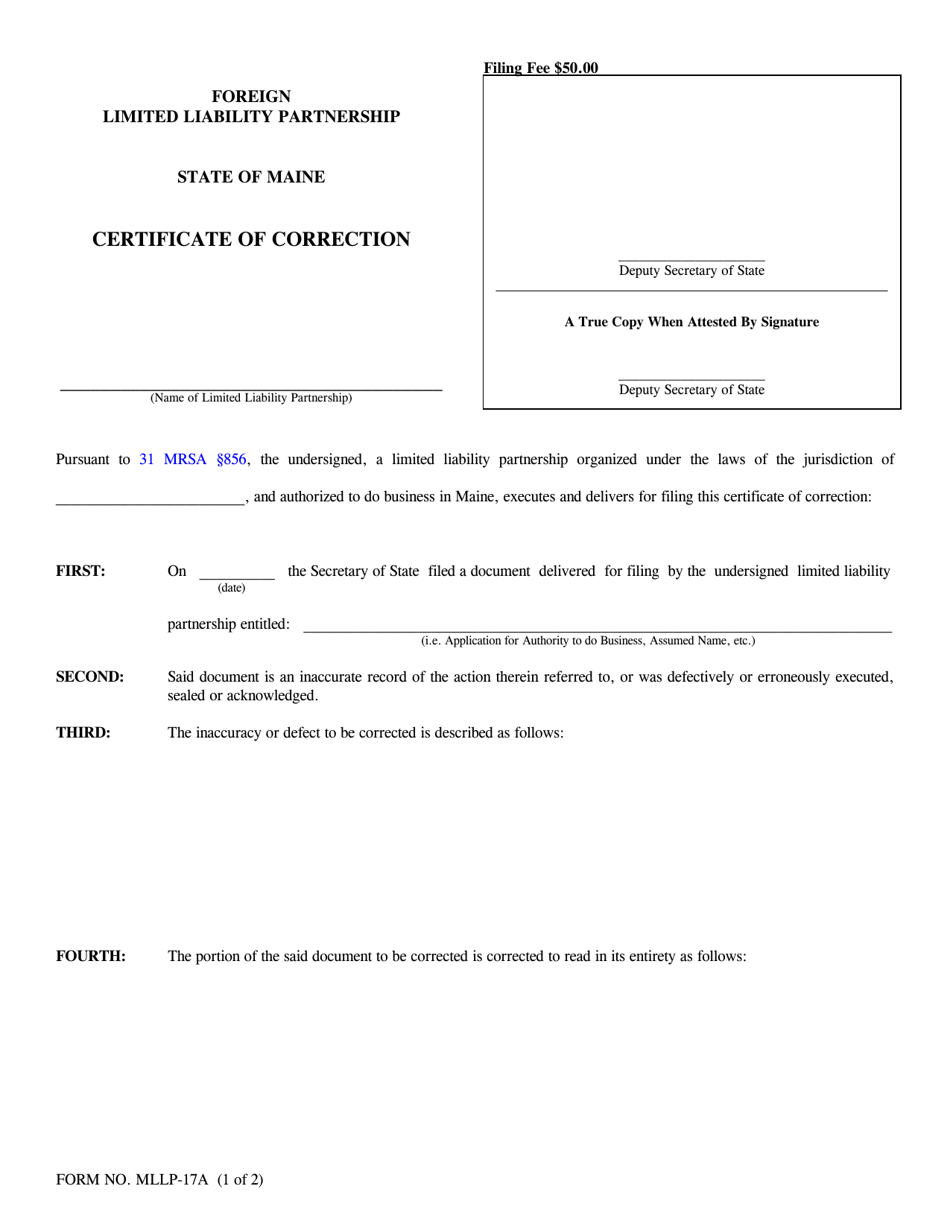 Form MLLP-17A Certificate of Correction - Maine, Page 1