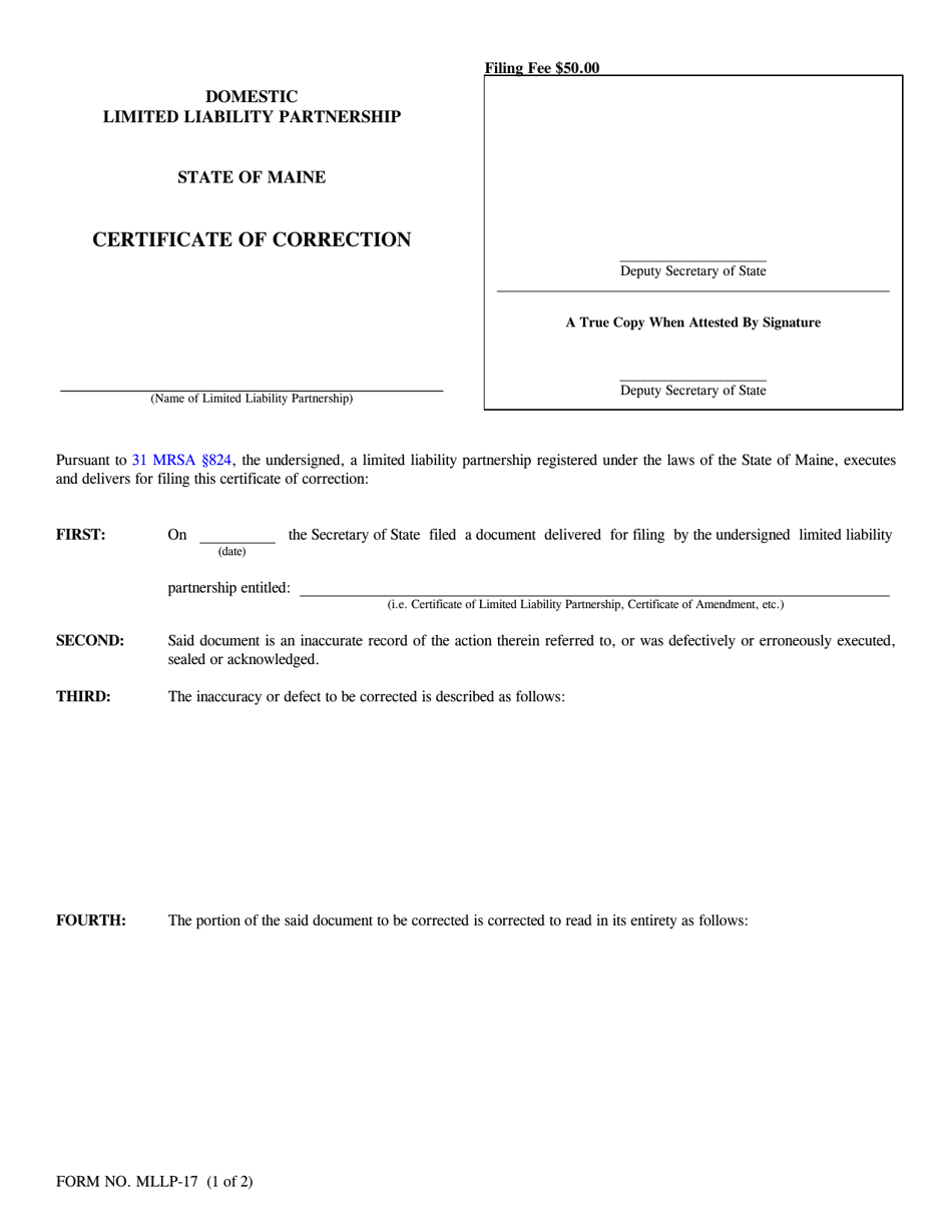 Form MLLP-17 Certificate of Correction - Maine, Page 1
