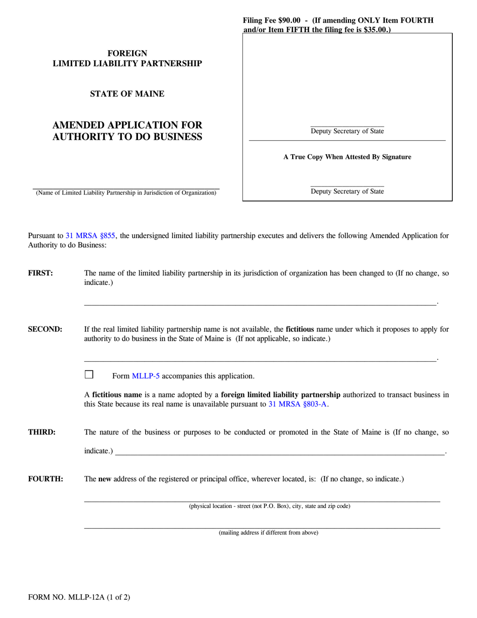 Form MLLP-12A Amended Application for Authority to Do Business - Maine, Page 1