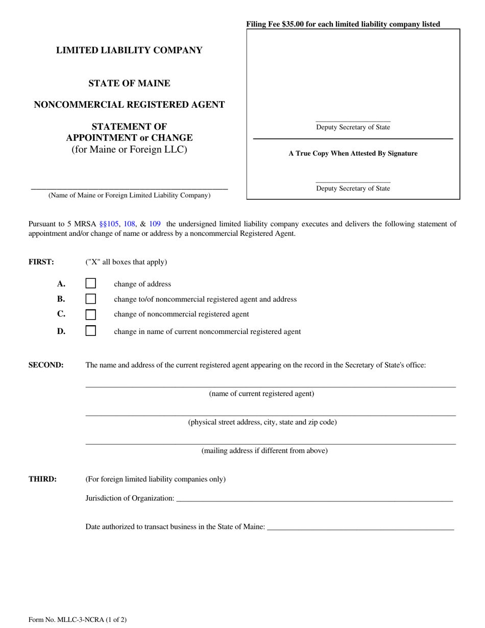 Form MLLC-3-NCRA Statement of Appointment or Change of Noncommercial Registered Agent - Maine, Page 1