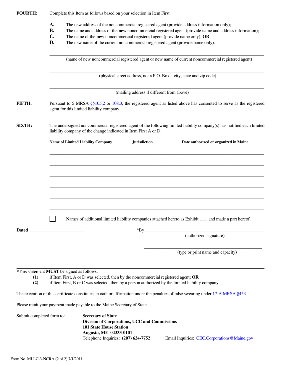 Form MLLC-3-NCRA Statement of Appointment or Change of Noncommercial Registered Agent - Maine, Page 2