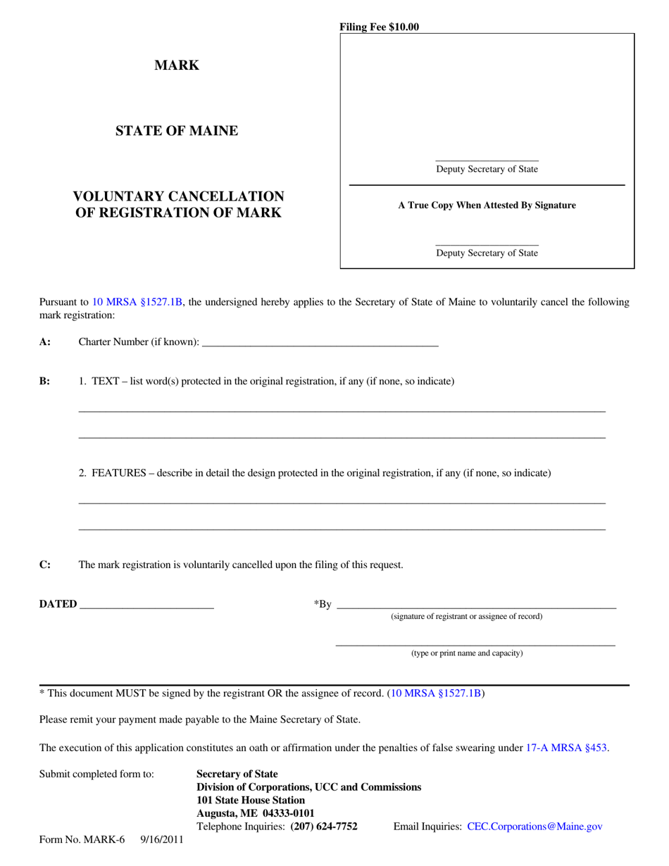Form MARK-6 Voluntary Cancellation of Registration of Mark - Maine, Page 1