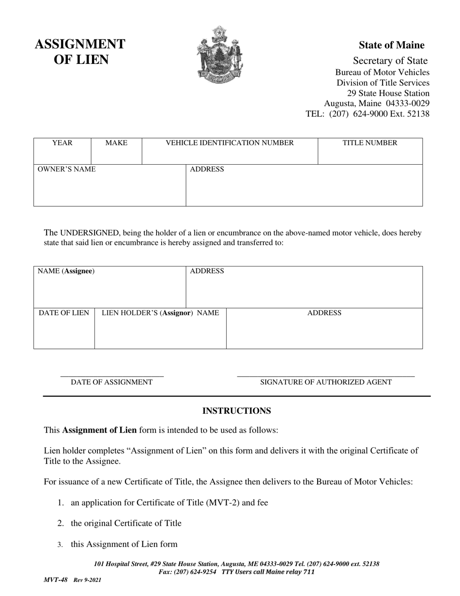 Form MVT-48 Assignment of Lien - Maine, Page 1