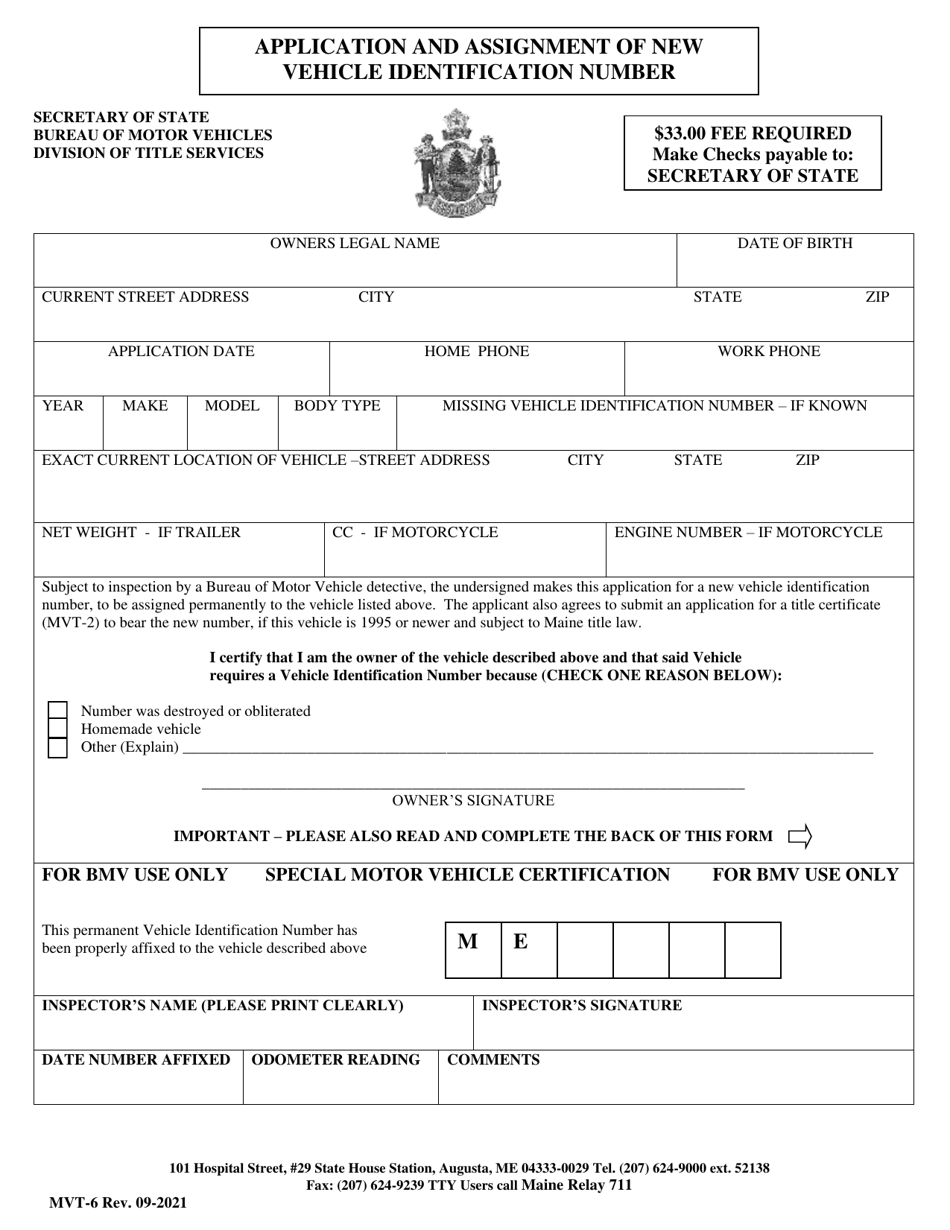 Form MVT-6 Application and Assignment of New Vehicle Identification Number - Maine, Page 1