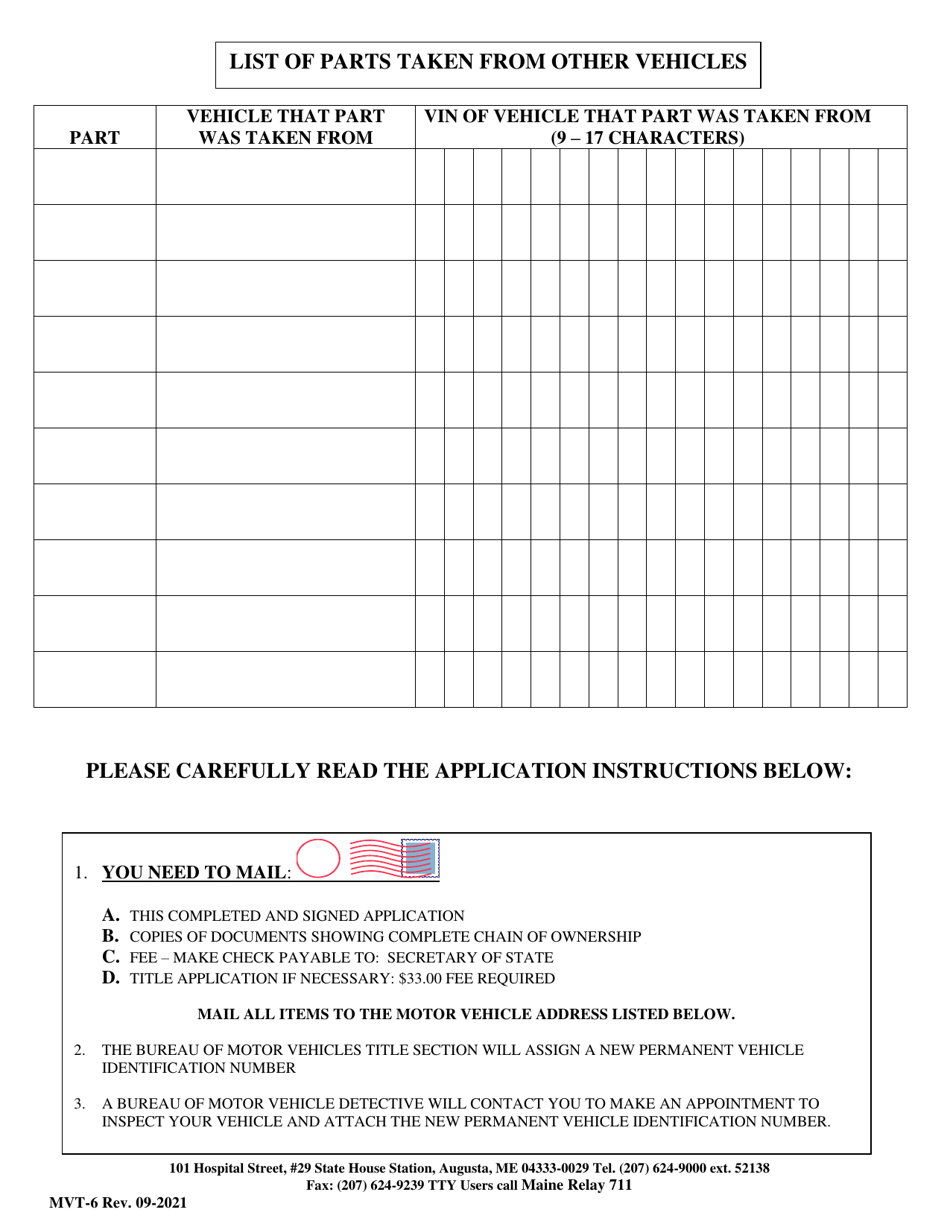 Form MVT-6 Application and Assignment of New Vehicle Identification Number - Maine, Page 2