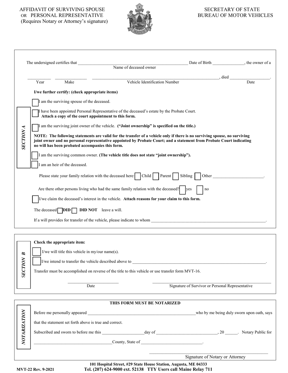 Form MVT-22 Affidavit of Surviving Spouse or Personal Representative - Maine, Page 1