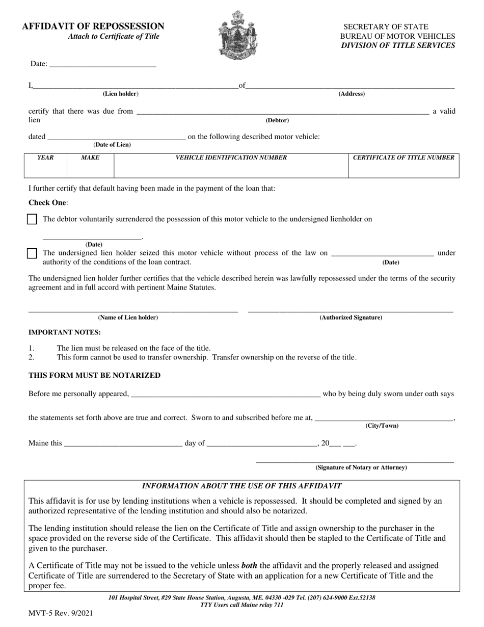 Form MVT-5 Affidavit of Repossession - Maine, Page 1
