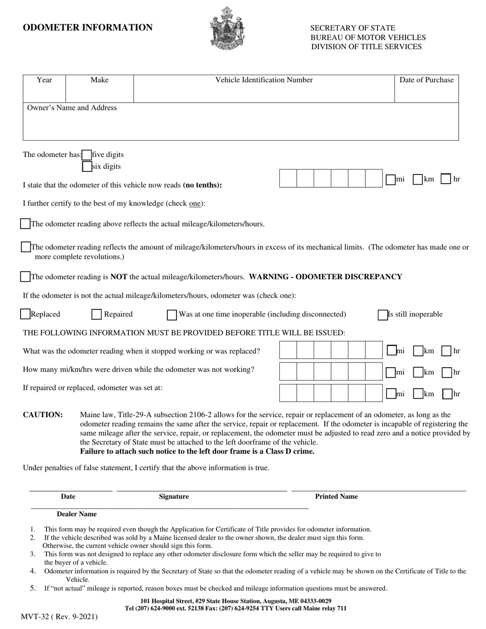 Form MVT-32 Odometer Information - Maine, Page 1