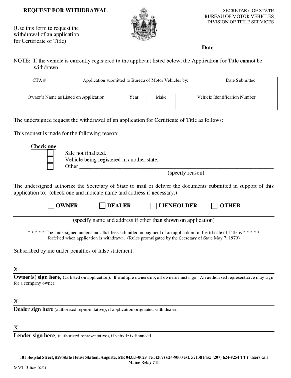 Form MVT-3 Request for Withdrawal - Maine, Page 1