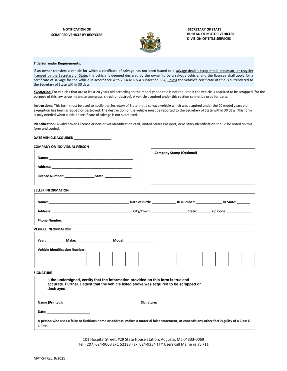 Form MVT-54 Notification of Scrapped Vehicle by Recycler - Maine, Page 1