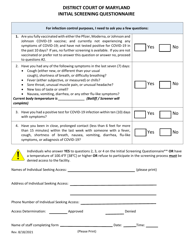 Document preview: Initial Screening Questionnaire - Maryland