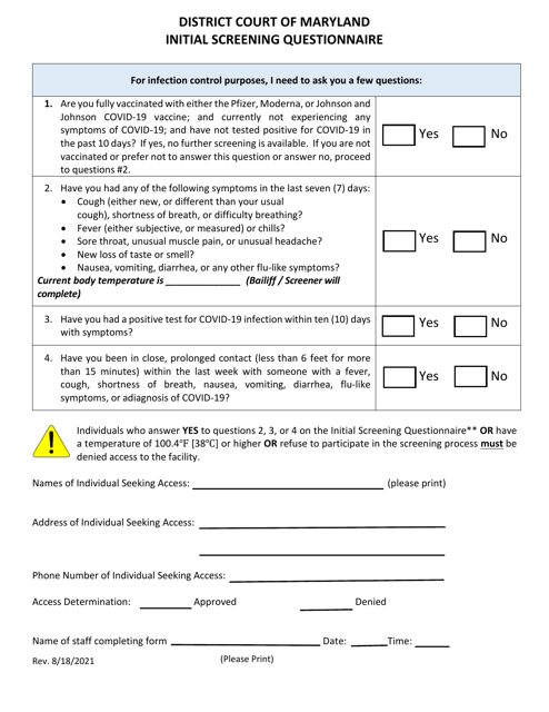 Initial Screening Questionnaire - Maryland Download Pdf
