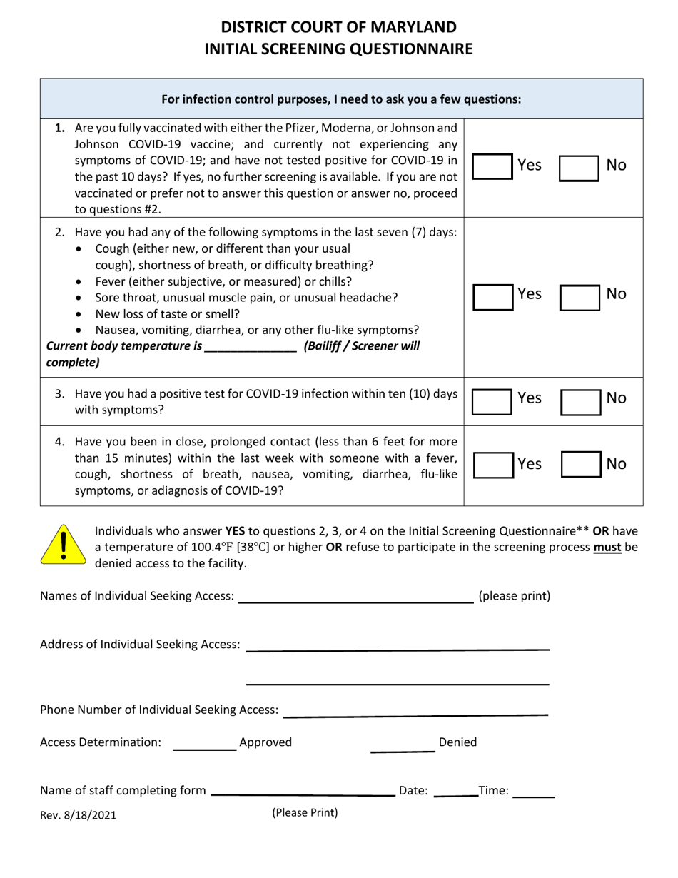 Initial Screening Questionnaire - Maryland, Page 1