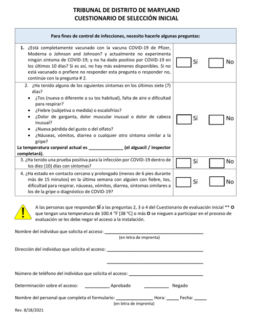 Cuestionario De Seleccion Inicial - Maryland (Spanish) Download Pdf