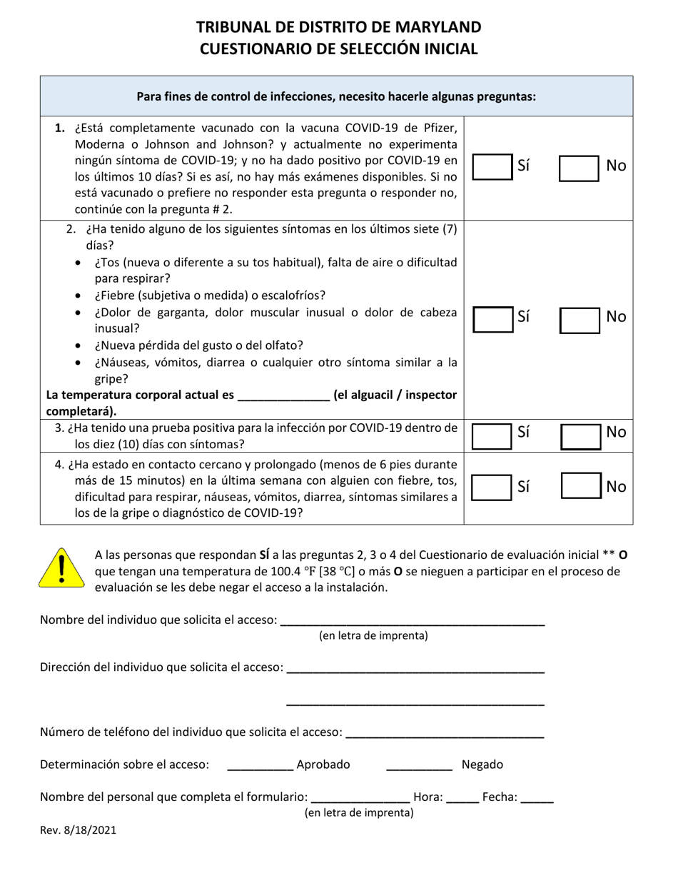 Cuestionario De Seleccion Inicial - Maryland (Spanish), Page 1